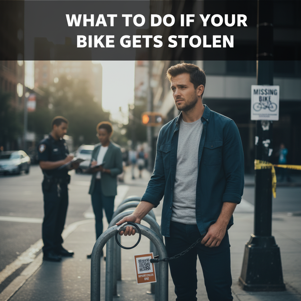 Professional blog header image for article titled: What to Do If Your Bike Gets Stolen. High quality, relevant imagery, clean composition.