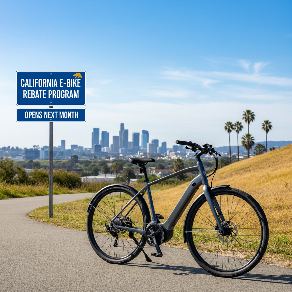 Professional blog header image for article titled: California E-Bike Rebate Program Opens Next Month. High quality, relevant imagery, clean composition.