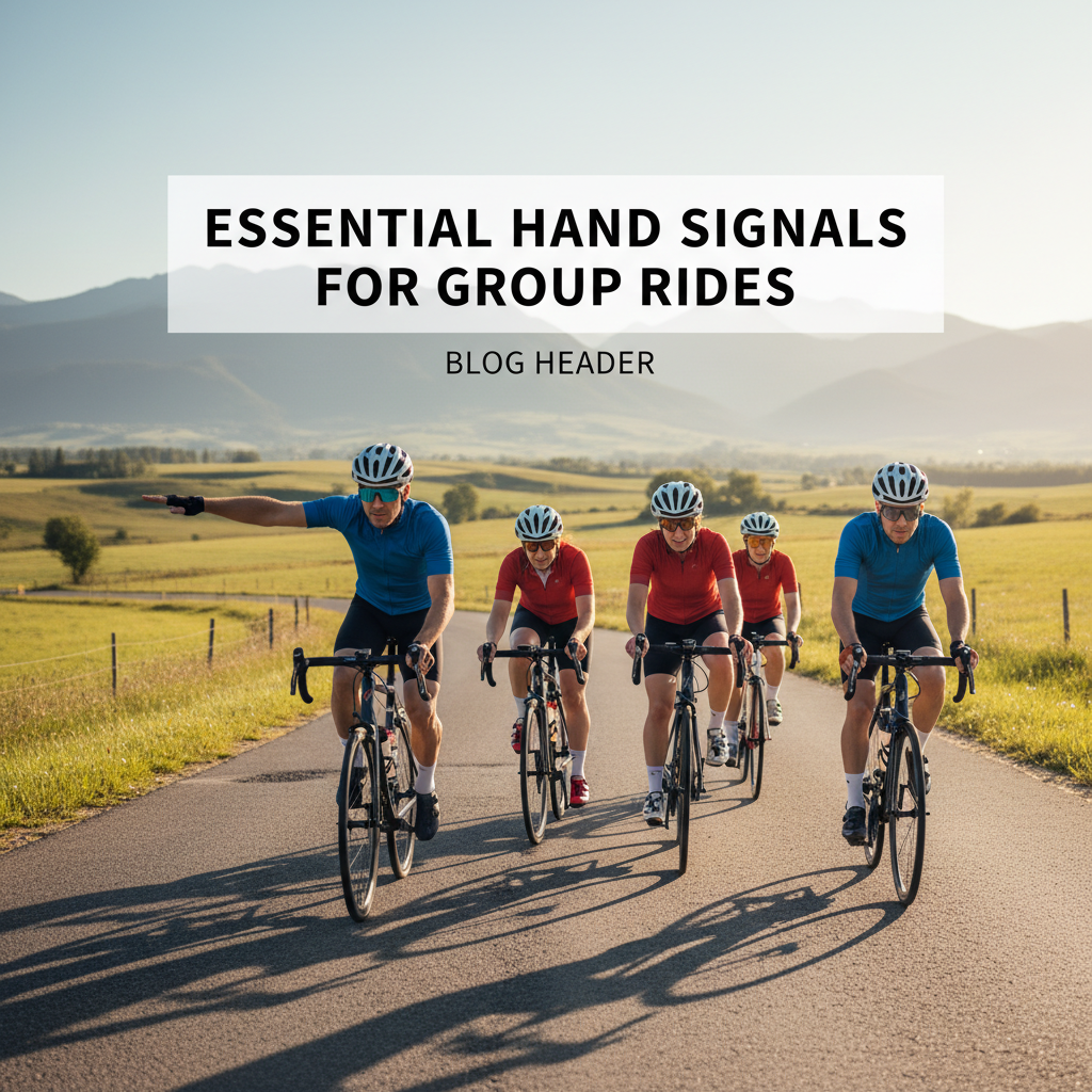 Professional blog header image for article titled: Essential Hand Signals for Group Rides. High quality, relevant imagery, clean composition.