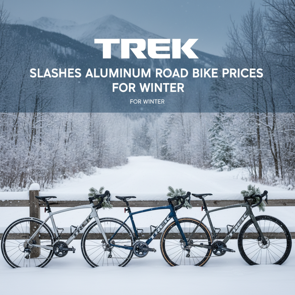 Professional blog header image for article titled: Trek Slashes Aluminum Road Bike Prices for Winter. High quality, relevant imagery, clean composition.