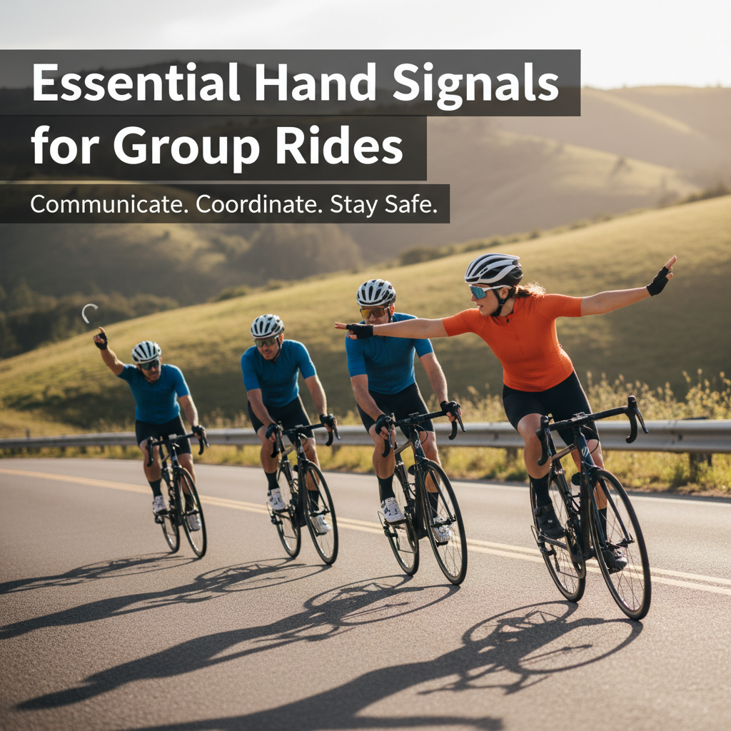 Professional blog header image for article titled: Essential Hand Signals for Group Rides. High quality, relevant imagery, clean composition.
