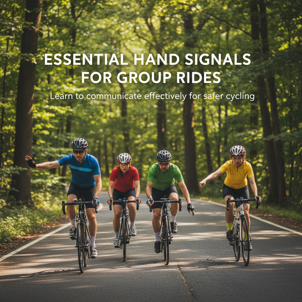 Professional blog header image for article titled: Essential Hand Signals for Group Rides. High quality, relevant imagery, clean composition.