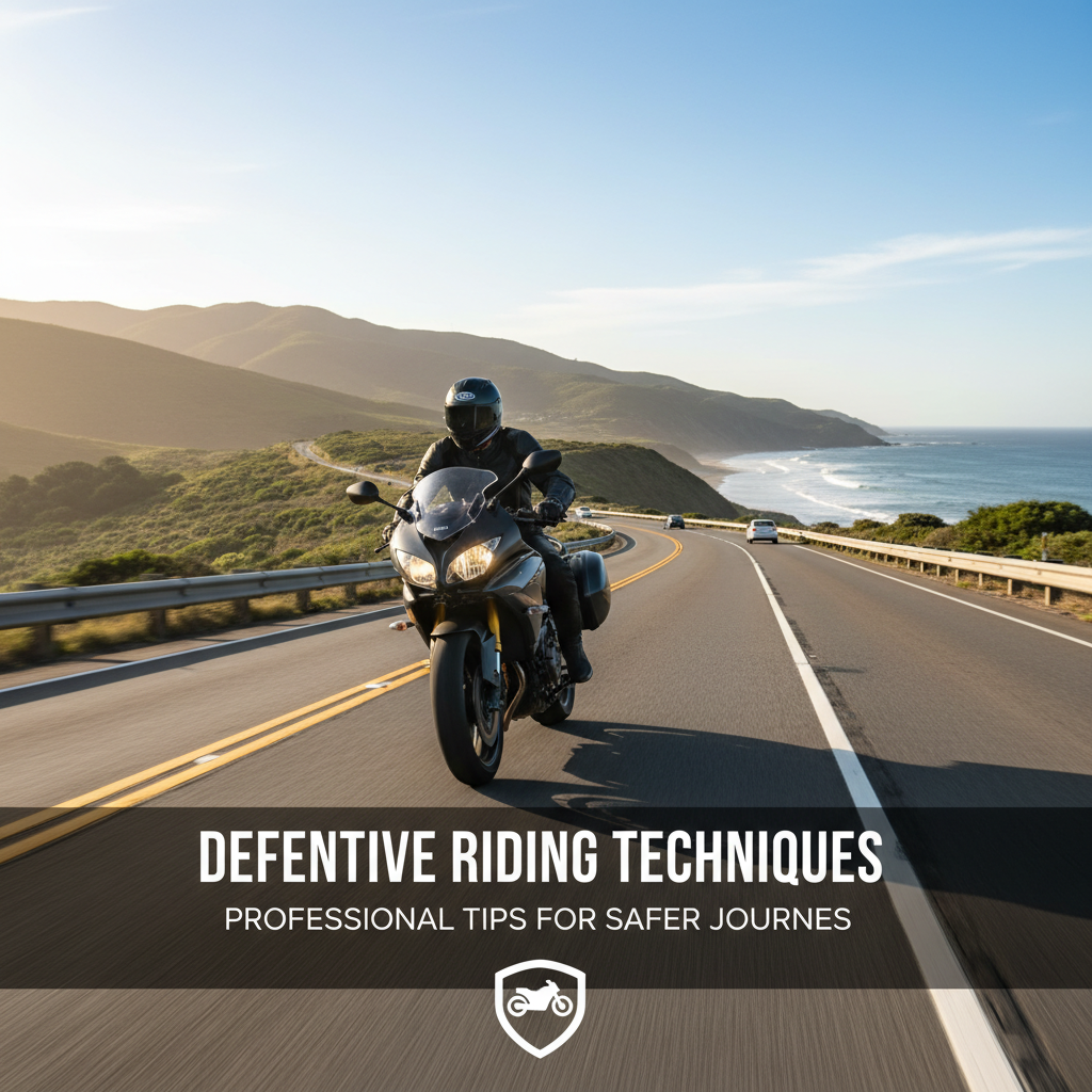 Professional blog header image for article titled: Defensive Riding Techniques. High quality, relevant imagery, clean composition.