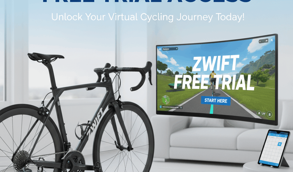 Road bicycle on an indoor trainer used for a Zwift free trial