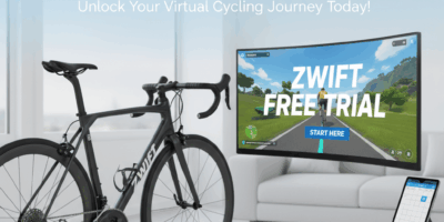 Road bicycle on an indoor trainer used for a Zwift free trial