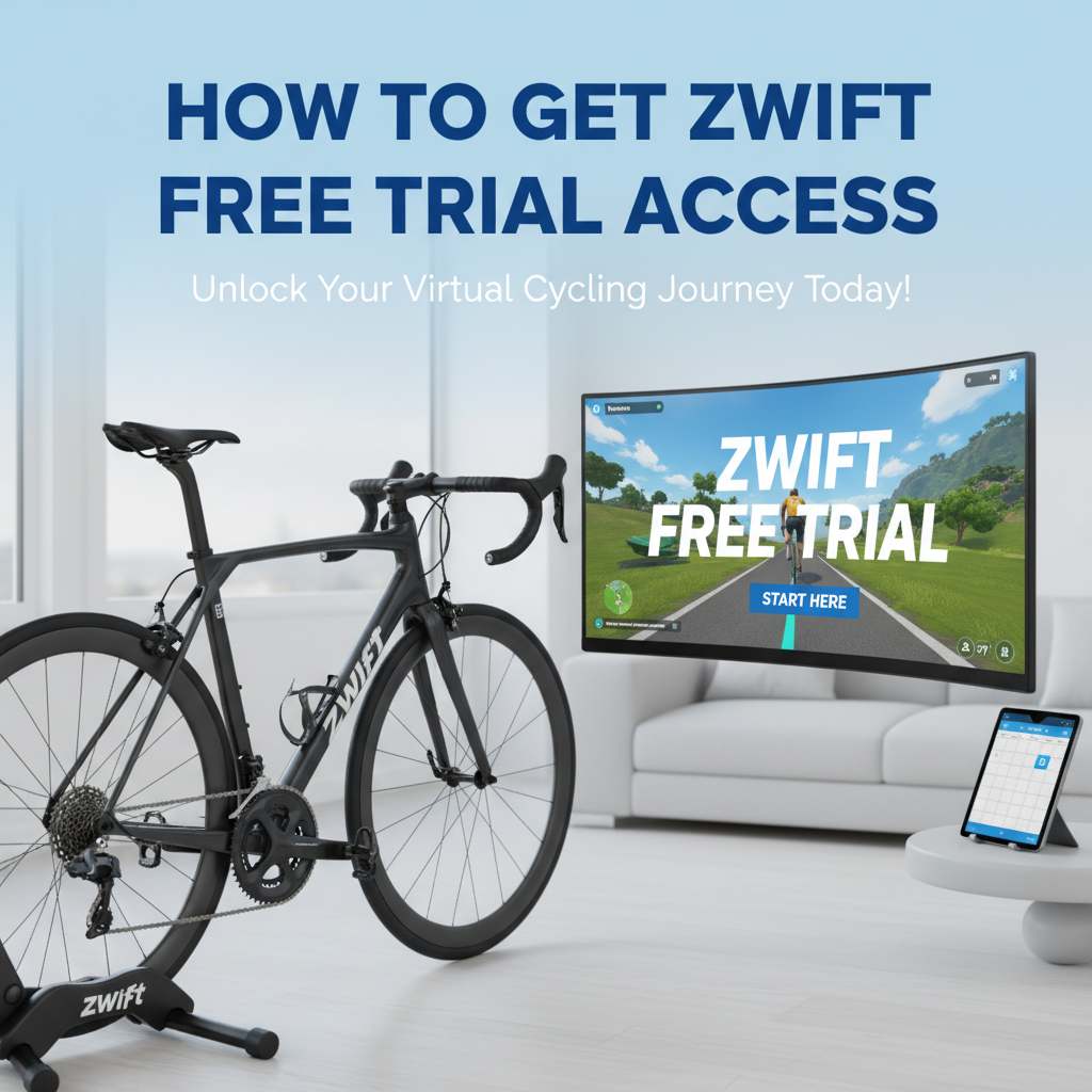 Professional blog header image for article titled: How to Get Zwift Free Trial Access. High quality, relevant imagery, clean composition.