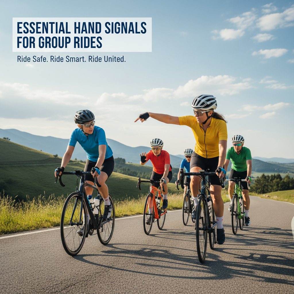 Professional blog header image for article titled: Essential Hand Signals for Group Rides. High quality, relevant imagery, clean composition.