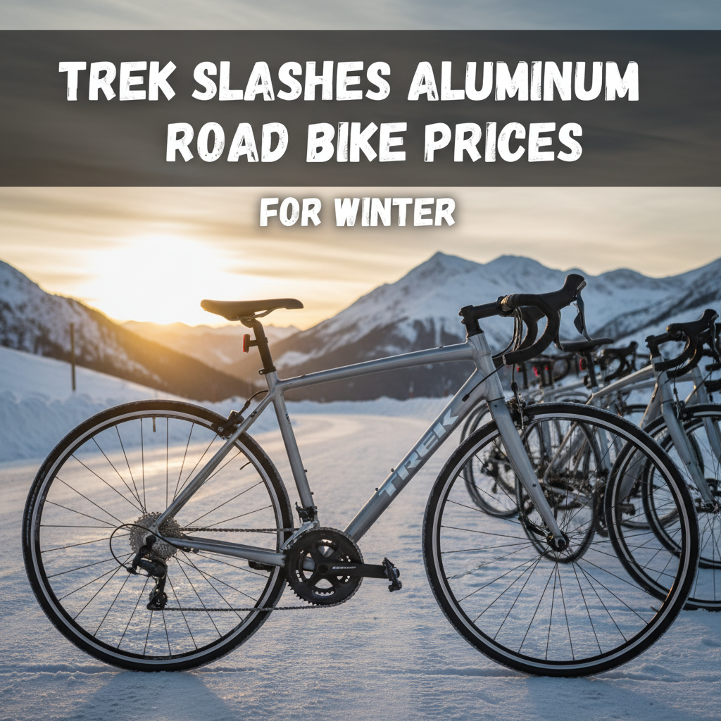 Professional blog header image for article titled: Trek Slashes Aluminum Road Bike Prices for Winter. High quality, relevant imagery, clean composition.