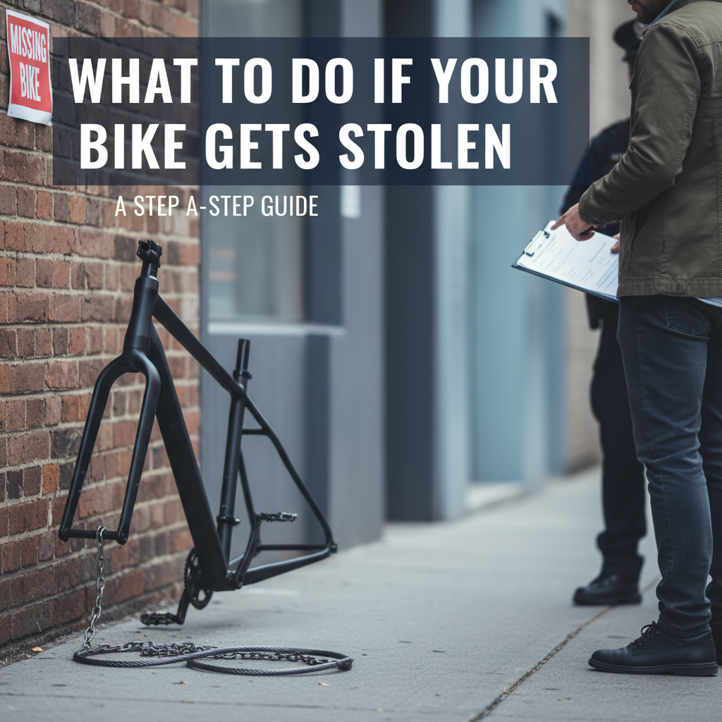 Professional blog header image for article titled: What to Do If Your Bike Gets Stolen. High quality, relevant imagery, clean composition.