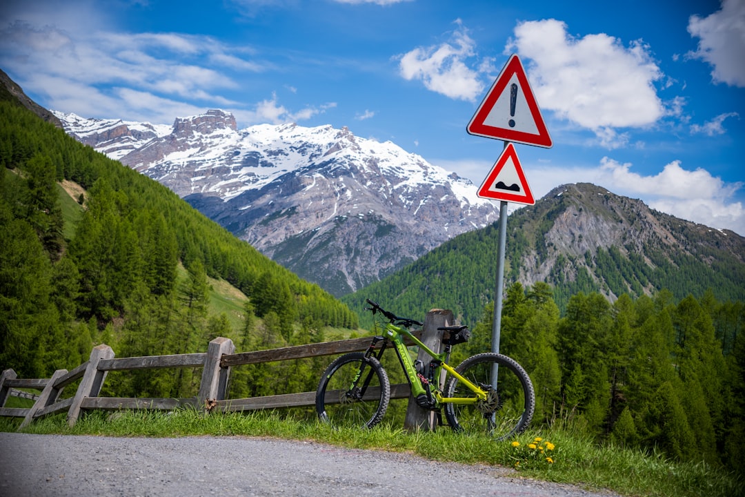 a bicycle leaning against a fence near a mountain