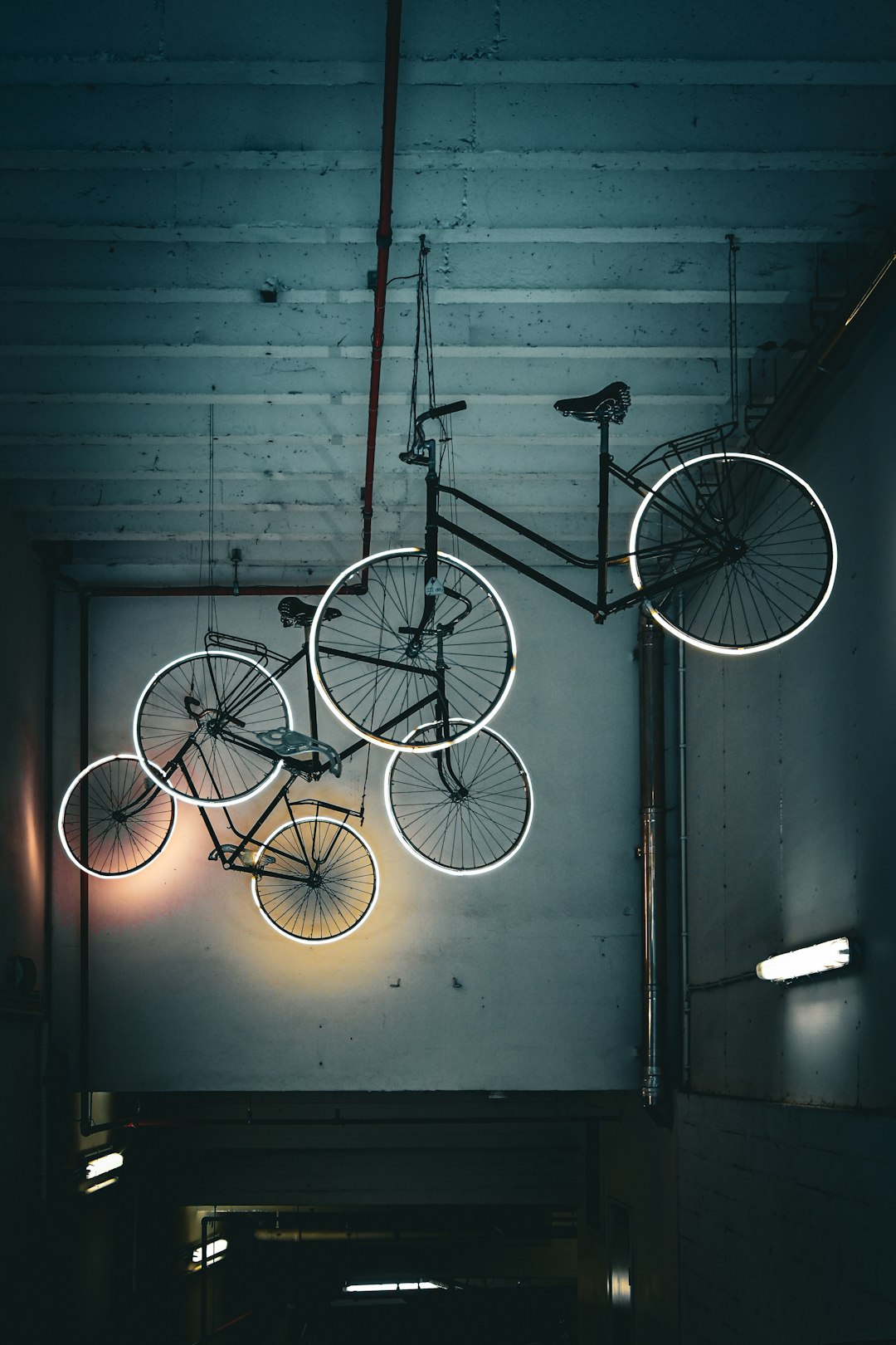 A bike hanging from the ceiling of a building