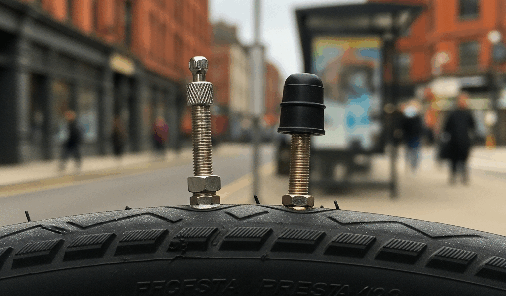 close up of presta and schrader bike valves side by side on 20260331 084610