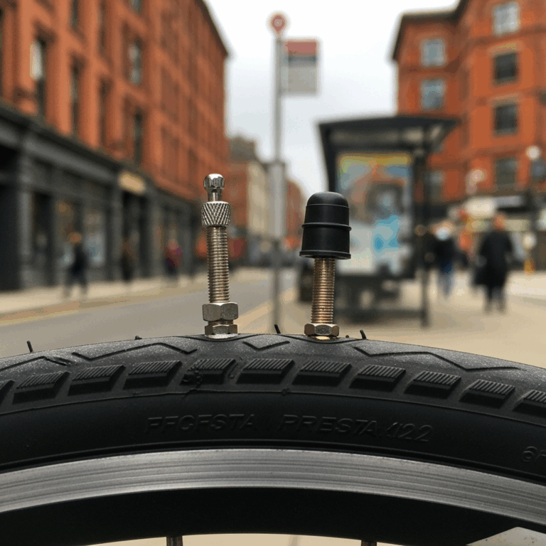 close up of presta and schrader bike valves side by side on 20260331 084610