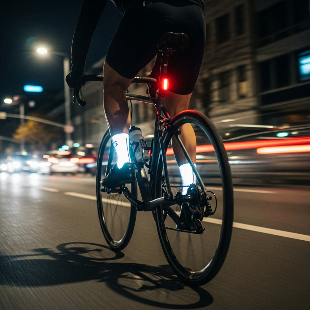 Reflective ankle straps on cyclist pedaling at night showing visibility